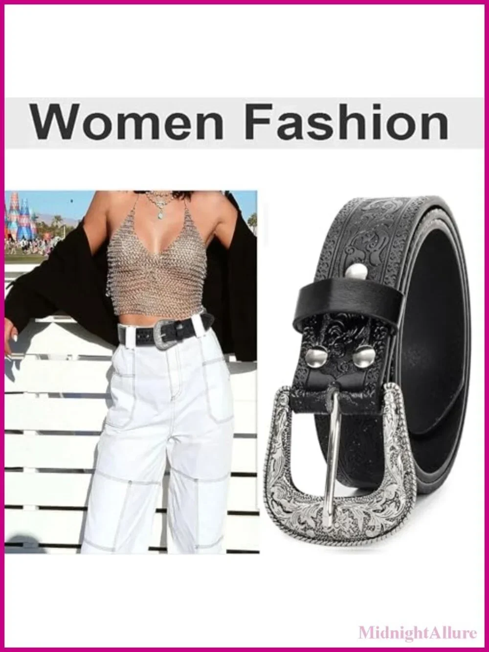 Western Belt Floral Embossed Leather Silver Buckle Adjustable Cowboy